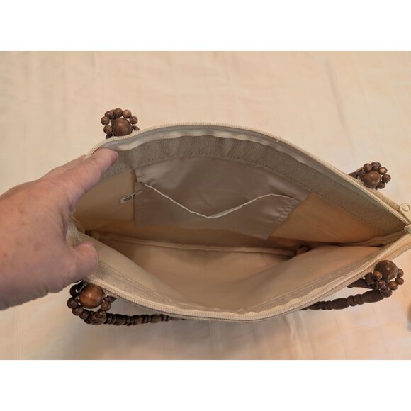 Vntg Fine Arts Bag Co Beige Linen & Wood Bead Purse Tote Zips Close Dual Handles - Picture 5 of 13